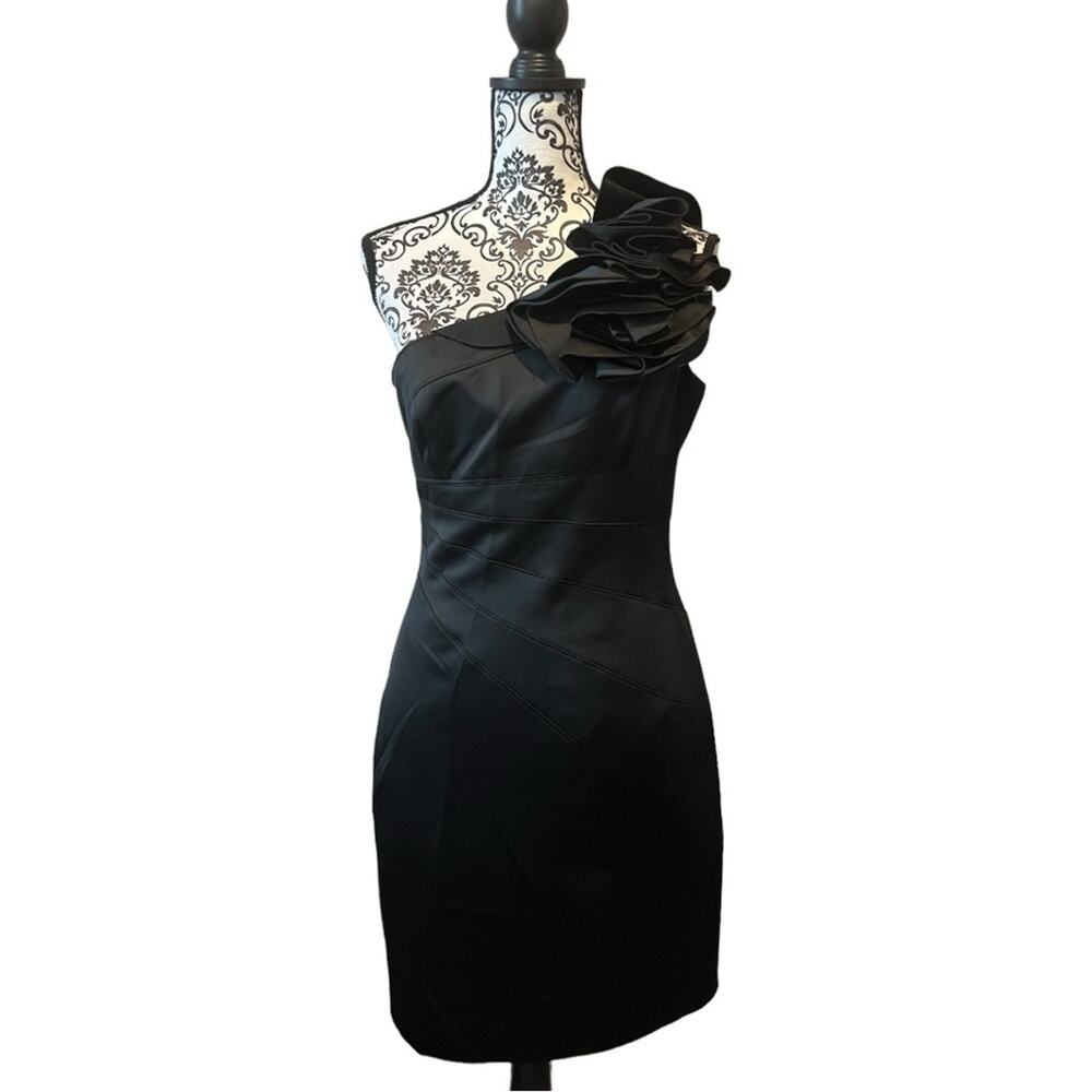 Adrianna Papell Boutique NWT One Shoulder Black Satin Sheath Mini Dress size 10